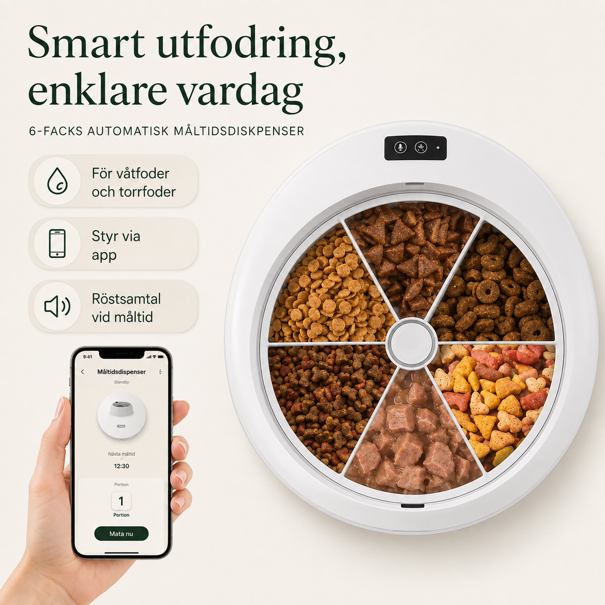 Automatisk Foderautomat för Katt – 6 Måltider med Timer för Torr- & Våtfoder
