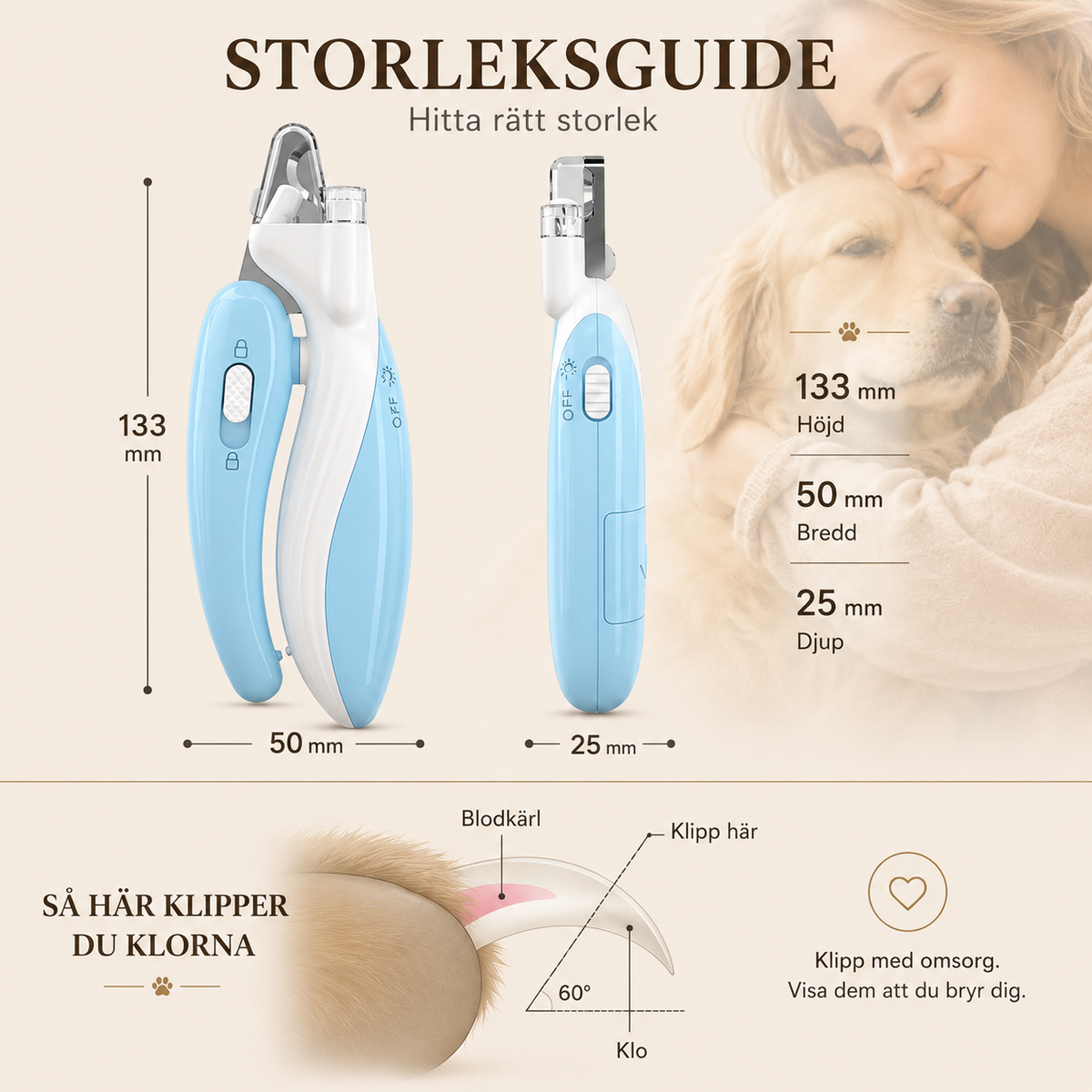 Kloklippare med LED-ljus för hund & katt